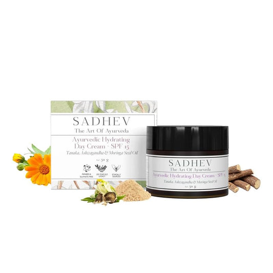 Sadhev Ayurvedic Hydrating Day Cream SPF 15 with Goodness of Tanaka, Ashwagandha & Moringa Seed Oil - 50gm (Pack of 1)_GWP