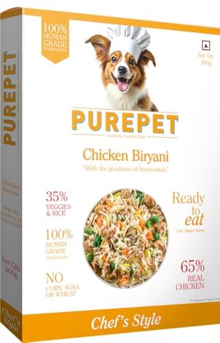 Purepet Fresh Dog Food Chicken Biryani, for Adult & Puppy, 300gm | High Protein, 65% Real Chicken, 35% Veggies & Rice | No Preservatives | Ready to Serve | All Breeds | One Pack One Meal