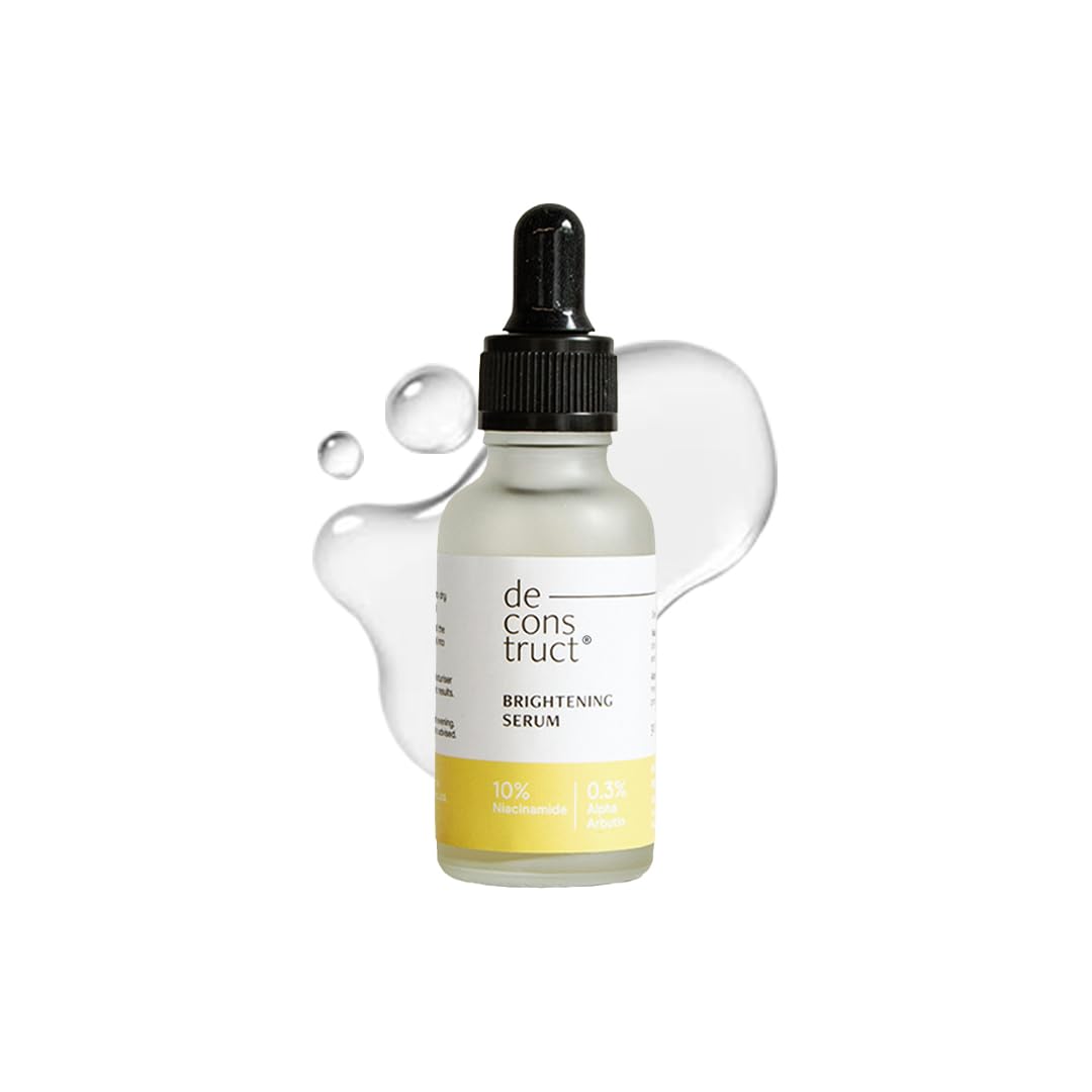 Bottle of deconstruct brightening serum with dropper on a white background