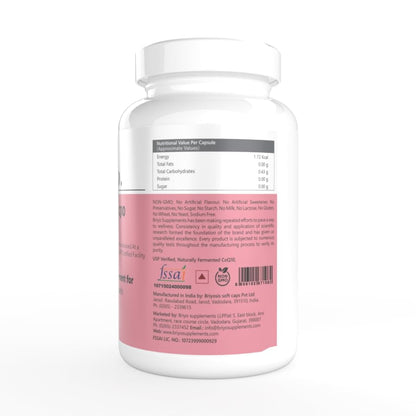 Supplement bottle with a pink label on a white background