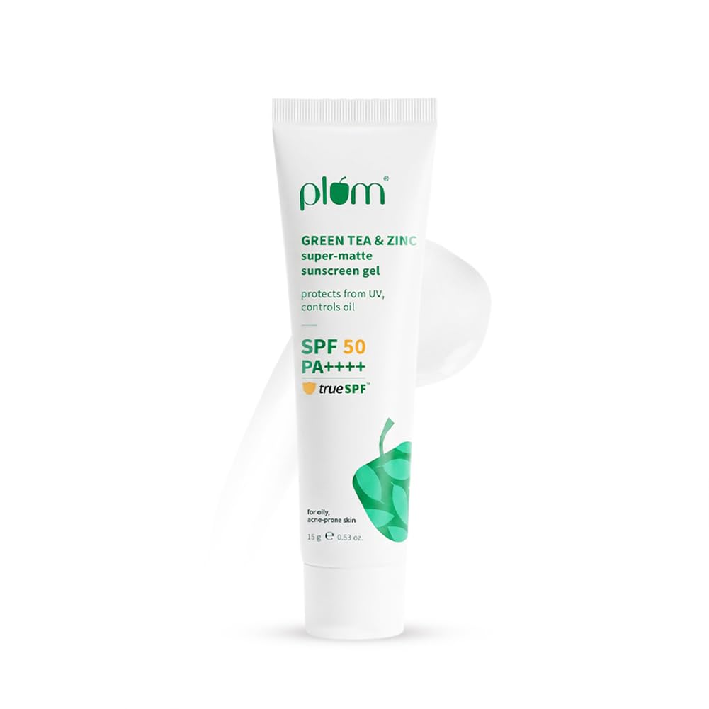 Plum Green Tea & Zinc Super-Matte Gel Sunscreen SPF 50 PA ++++ | Formulated for Oily, Combination and Acne Prone Skin | Protects & Controls Oil | Lightweight, No White Cast & Non-Sticky | Vegan | 15g