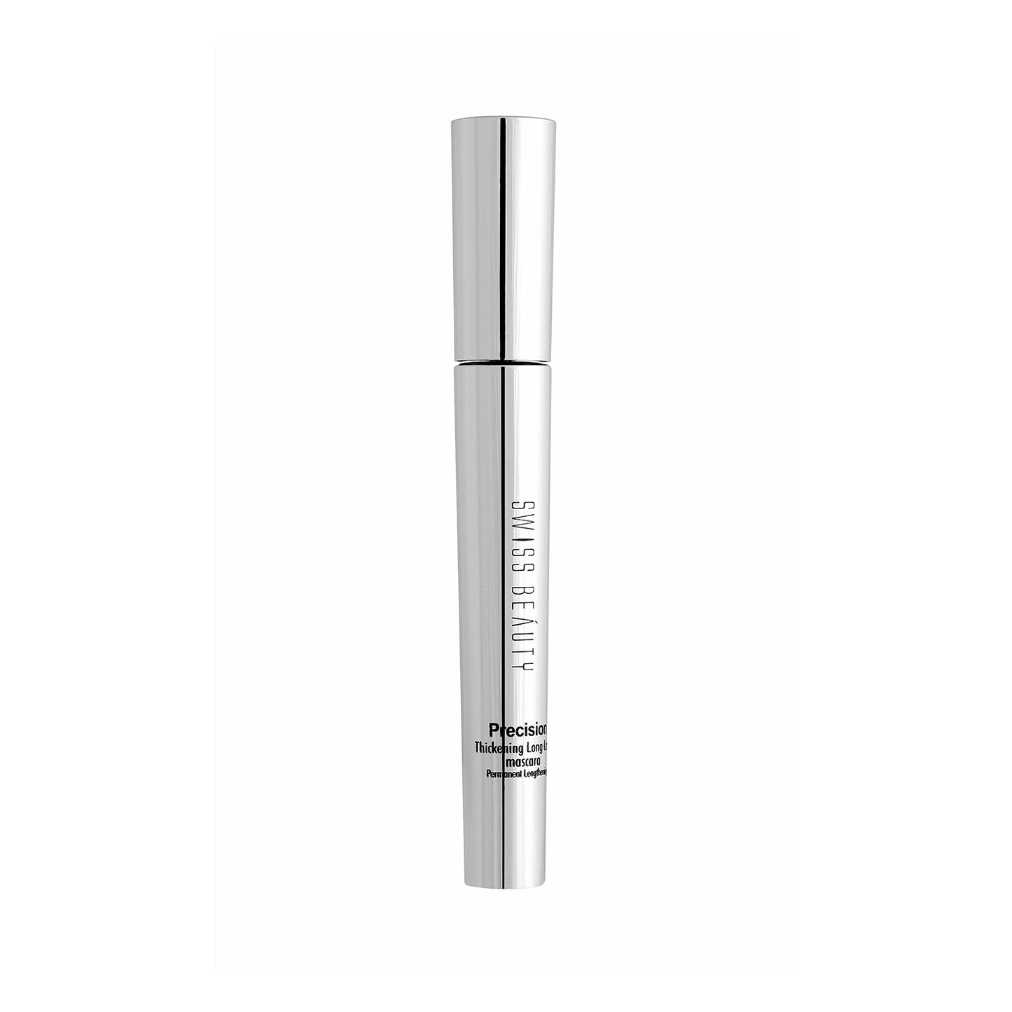 Silver cosmetic bottle with 'Swiss Beauty' branding on a white background