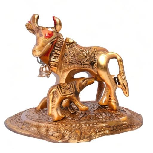 Kamdhenu Cow with Calf Metal Statue Figurine Decorative Gift Item Showpiece for Home Decor - Diwali Decorations Religious Items for Home (Set of 1), Golden, Figures;People;Religion