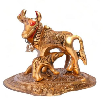Kamdhenu Cow with Calf Metal Statue Figurine Decorative Gift Item Showpiece for Home Decor - Diwali Decorations Religious Items for Home (Set of 1), Golden, Figures;People;Religion