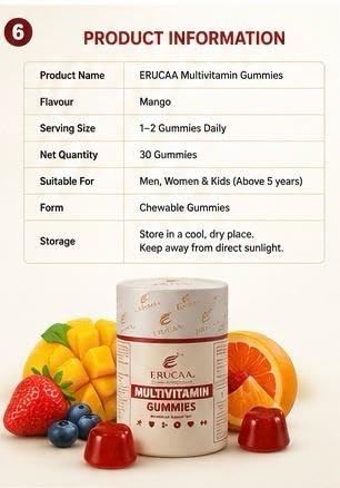ERUCAA Multivitamin Gummies | Mango Flavour | 30 Gummies | Gluten Free | Daily Multivitamin Gummies for Adults