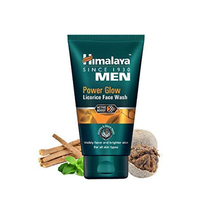 Himalaya Men Power Glow Licorice Face Wash tube with ingredients on a white background