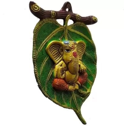 Kalakriti Metal Paan Leaf Ganesh Hanging God Idols for Pooja | Home Decor | Diwali | Festival | Decorative Platter | Showpiece | Wedding | Pack of 2 Green