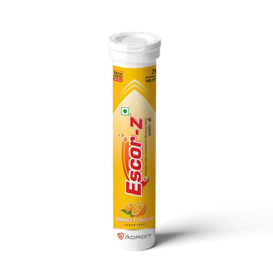 Tube of Escor-Z orange-flavored chewable tablets on a white background