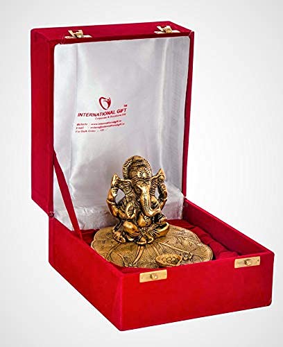 Gold Plated Leaf Ganesh Idol (Murti) Oxidized Finish with Beautiful Red Velvet Box Packing and with Carry Bag (10H x 13W x 16L Centimeters)