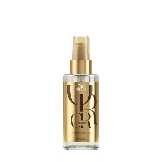 Gold bottle of Wella Oil Reflections hair oil on a white background