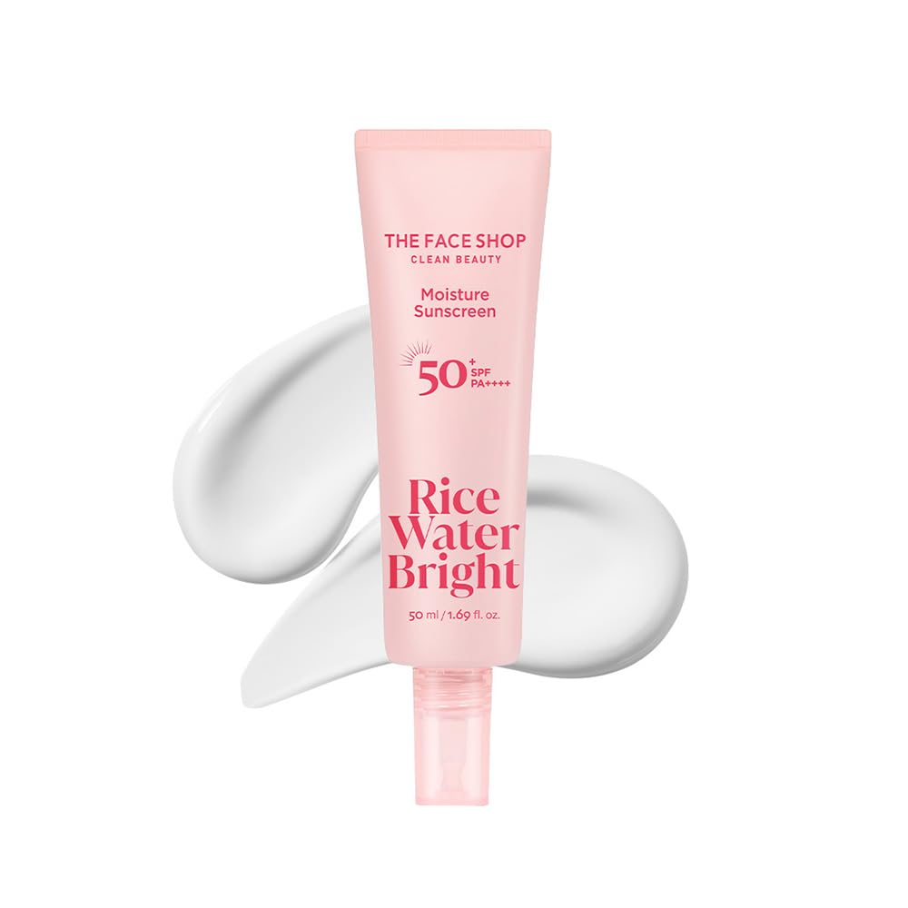Pink tube of The Face Shop Rice Water Bright sunscreen on a white background