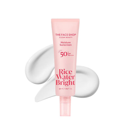Pink tube of The Face Shop Rice Water Bright sunscreen on a white background
