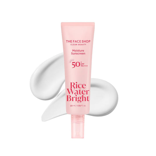 Pink tube of The Face Shop Rice Water Bright sunscreen on a white background