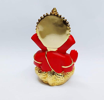 Gold Art India Ganesh Idol for Car Dashboard Ganesha Murti Ganpati Idol for Home Decor Puja Lord Ganesh Statue Gift for Office Desk Puja Room Figurine (Gold and Red, 3 x 3), Ceramic, Idol