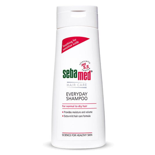 Sebamed shampoo bottle on a white background