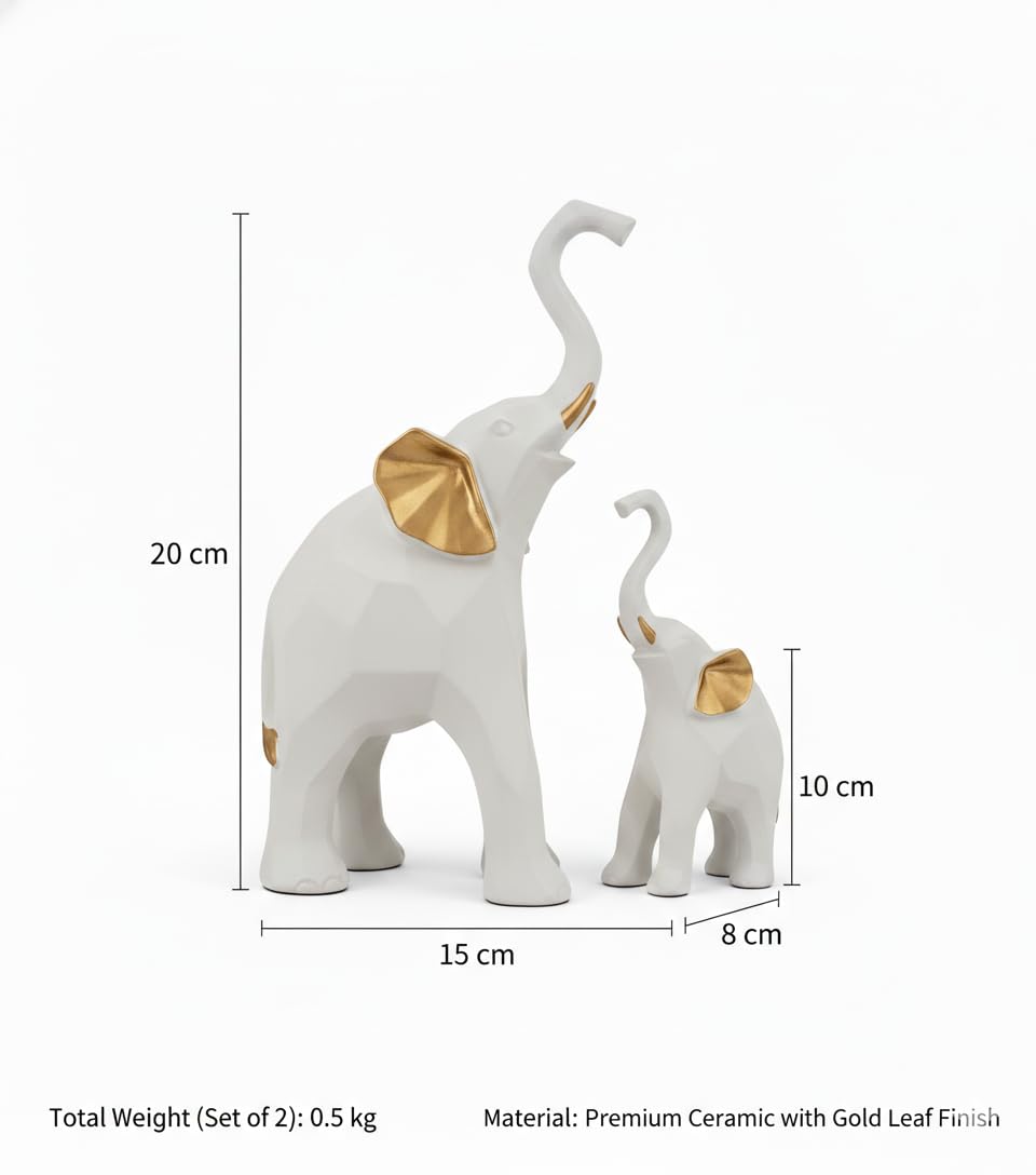Decorative Elephant Figurines, Resin, 20 cm Height, Set of 2, Standing Statues Geometric Showpiece for Home Decor | Housewarming Gift (White Elephant)