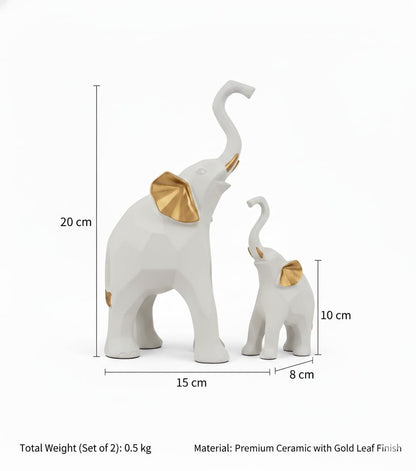 Decorative Elephant Figurines, Resin, 20 cm Height, Set of 2, Standing Statues Geometric Showpiece for Home Decor | Housewarming Gift (White Elephant)
