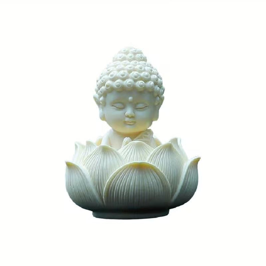 THE SACRED GIFTS Baby Buddha in Lotus Flower Figurine | White Resin Buddha Statue for Meditation & Zen Décor | Lotus Baby Buddha Idol for Home, Office Desk & Car Dashboard Decoration