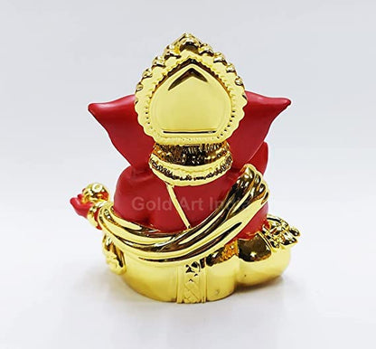 Gold Art India Gold Plated with Red Terracotta Gaddi Ganesha for Car Dashboard Home Decor Gifting Diwali Birthday Festivals (Gold Red)