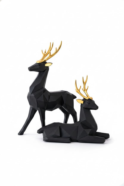 Decorative Resin Deer Figurines, Resin, 25 cm Height, Set of 2, Standing and Sitting Deer Statues Geometric Showpiece for Home Decor | Housewarming Gift (Black)