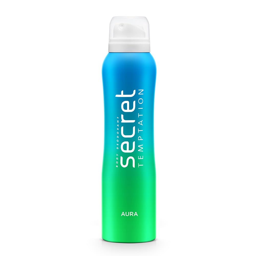 Secret Temptation deodorant spray bottle with gradient blue to green design on a white background