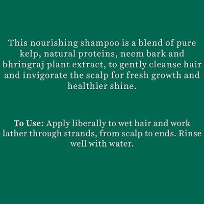 Text description of a nourishing shampoo blend with natural ingredients on a green background