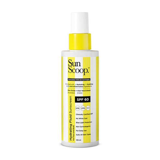 SunScoop Hydrating Fluid Sunscreen for Face and Body SPF 60 PA++++ Broad Spectrum| In-Vivo Tested| Cooling Sensation| For Face & Body| Absorbs Quickly| No White Cast| For All Skin Types (125ml)