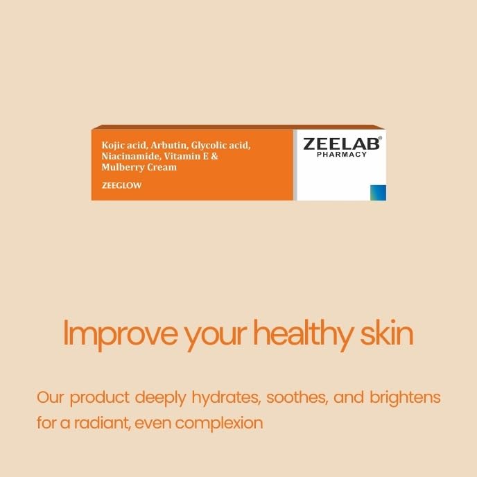 Zeelab pharmacy product packaging on a beige background with promotional text.