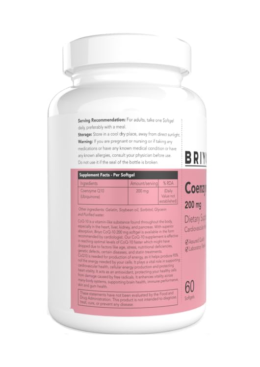 Briyo CoQ10 200 mg Ubiquinone – High Absorption Coenzyme Q10 Supplement for Heart Health, Energy & Antioxidant Support – Naturally Fermented, Gluten-Free – 60 Capsules