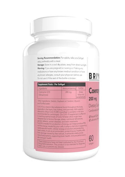 Briyo CoQ10 200 mg Ubiquinone – High Absorption Coenzyme Q10 Supplement for Heart Health, Energy & Antioxidant Support – Naturally Fermented, Gluten-Free – 60 Capsules