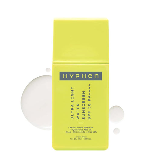 Yellow sunscreen packaging with 'Hyphen' branding on a white background