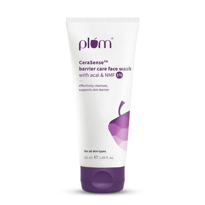 Plum CeraSenseTM Barrier Care Face Wash with Acai & 1% NMF | 50ml | Gentle face wash | For Dry Skin, Normal Skin & Sensitive Skin | Soap-Free Paraben-Free | For Sensitive Skin