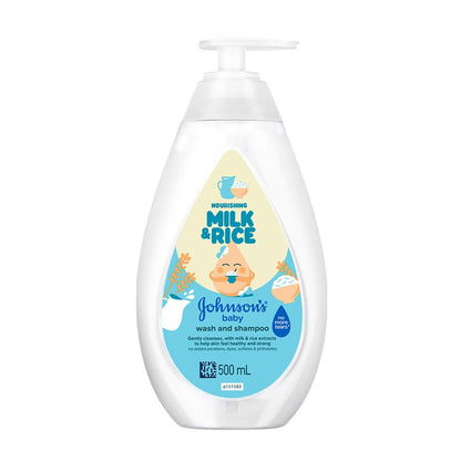 Johnson's Baby Nourishing Milk & Rice Wash & Shampoo 500ml | 2-in-1 Baby Cleanser | No More Tears | Milk Protein & Rice Extracts | Hypoallergenic | pH Balanced | Paraben, Dye, Sulphate & Phthalate Free | For Newborns & Sensitive Skin