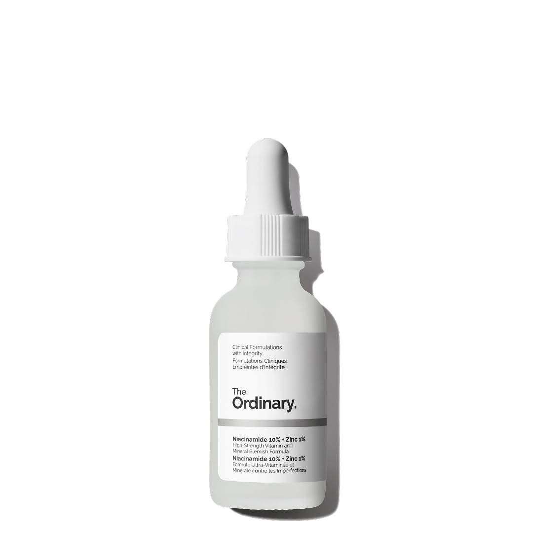 Skincare dropper bottle with 'The Ordinary' label on a white background