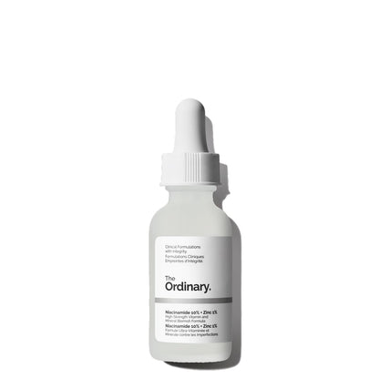 Skincare dropper bottle with 'The Ordinary' label on a white background