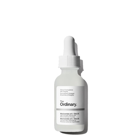 Skincare dropper bottle with 'The Ordinary' label on a white background