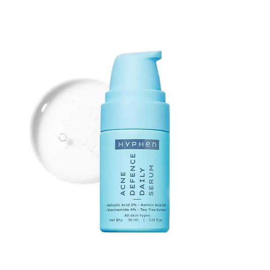 Blue serum bottle with 'HYPHEN' branding on a white background