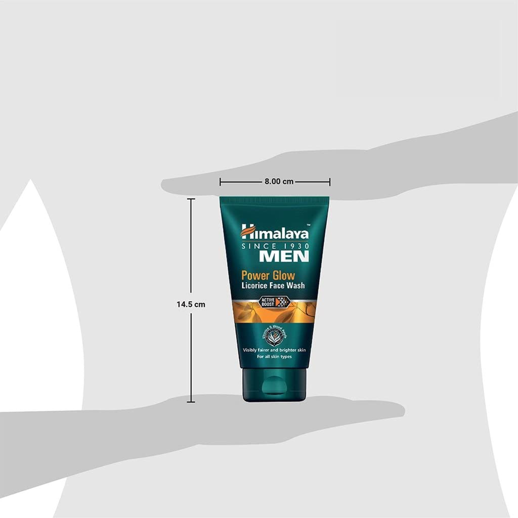Himalaya Men's Power Glow Licorice Face Wash tube held in a hand with dimensions displayed.