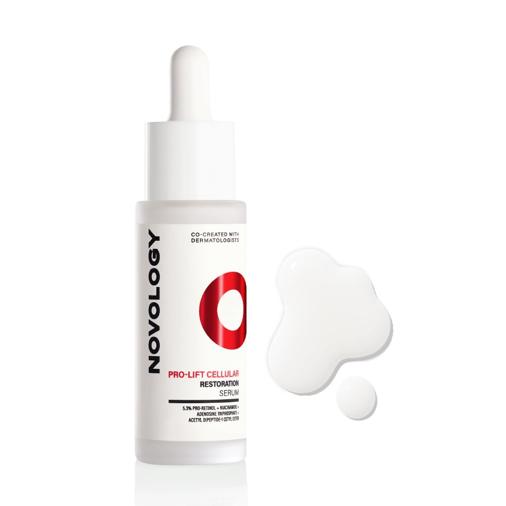 Novology skincare serum bottle with dropper on a white background