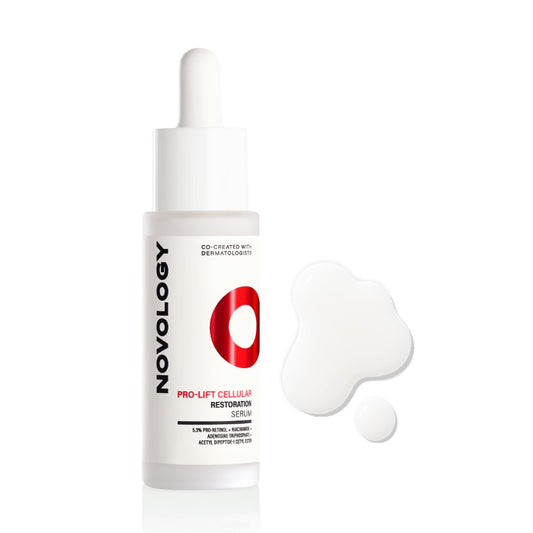 Novology skincare serum bottle with dropper on a white background