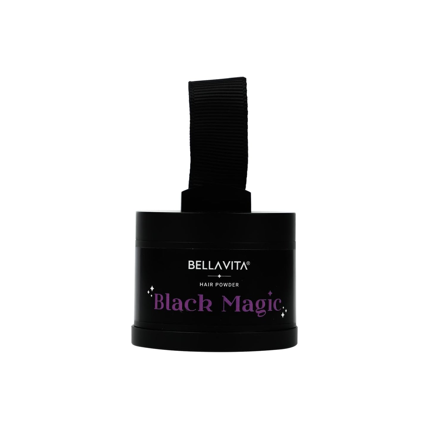 Black container of Bellavita Black Magic hair powder on a white background