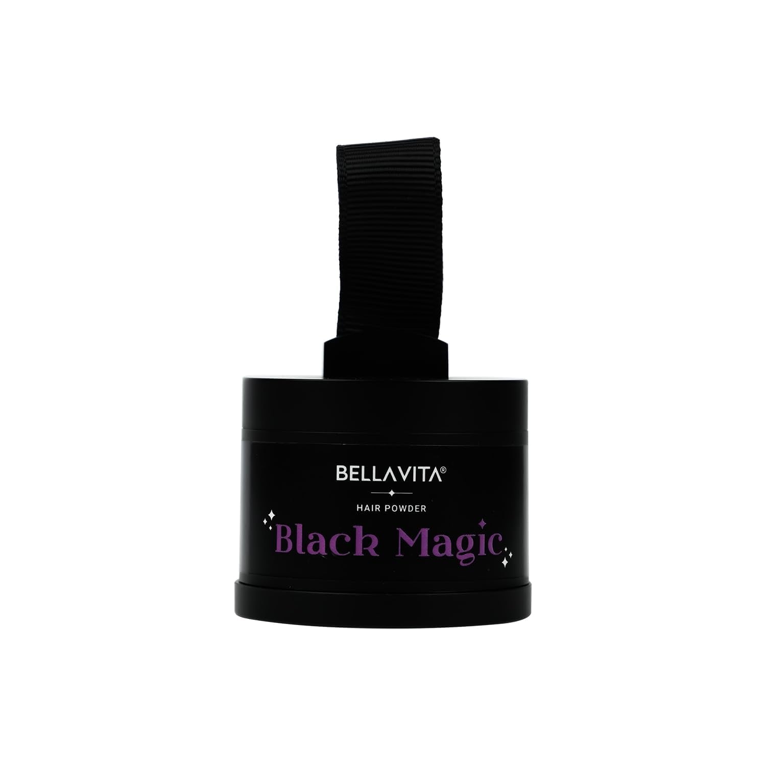 Black container of Bellavita Black Magic hair powder on a white background