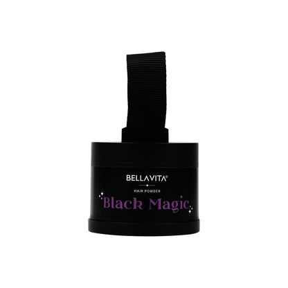 Black container of Bellavita Black Magic hair powder on a white background