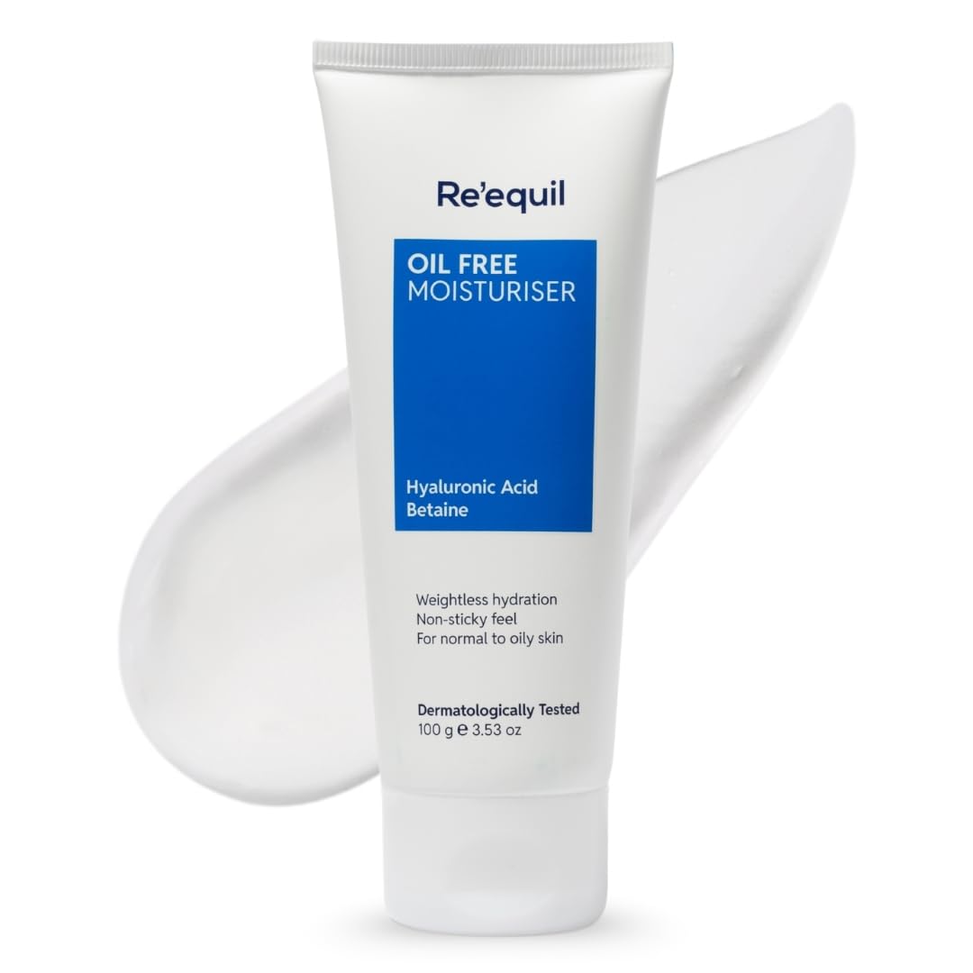 Tube of Re'equil Oil Free Moisturiser with blue label on a white background