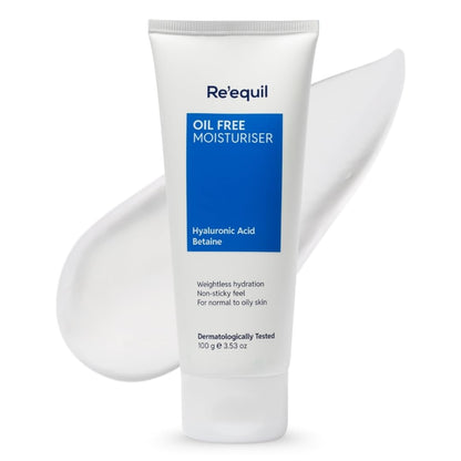Tube of Re'equil Oil Free Moisturiser with blue label on a white background