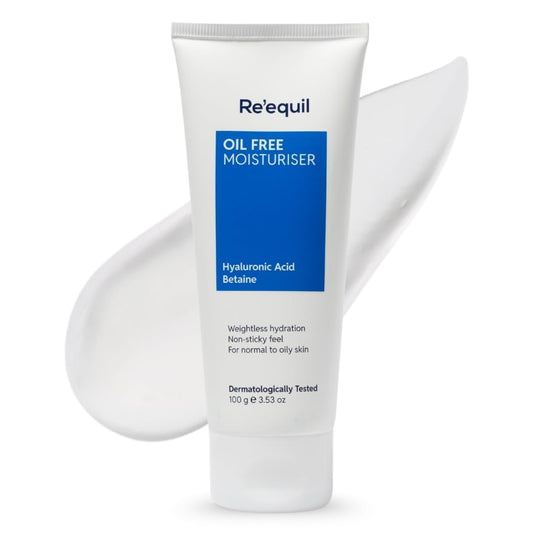 Tube of Re'equil Oil Free Moisturiser with blue label on a white background