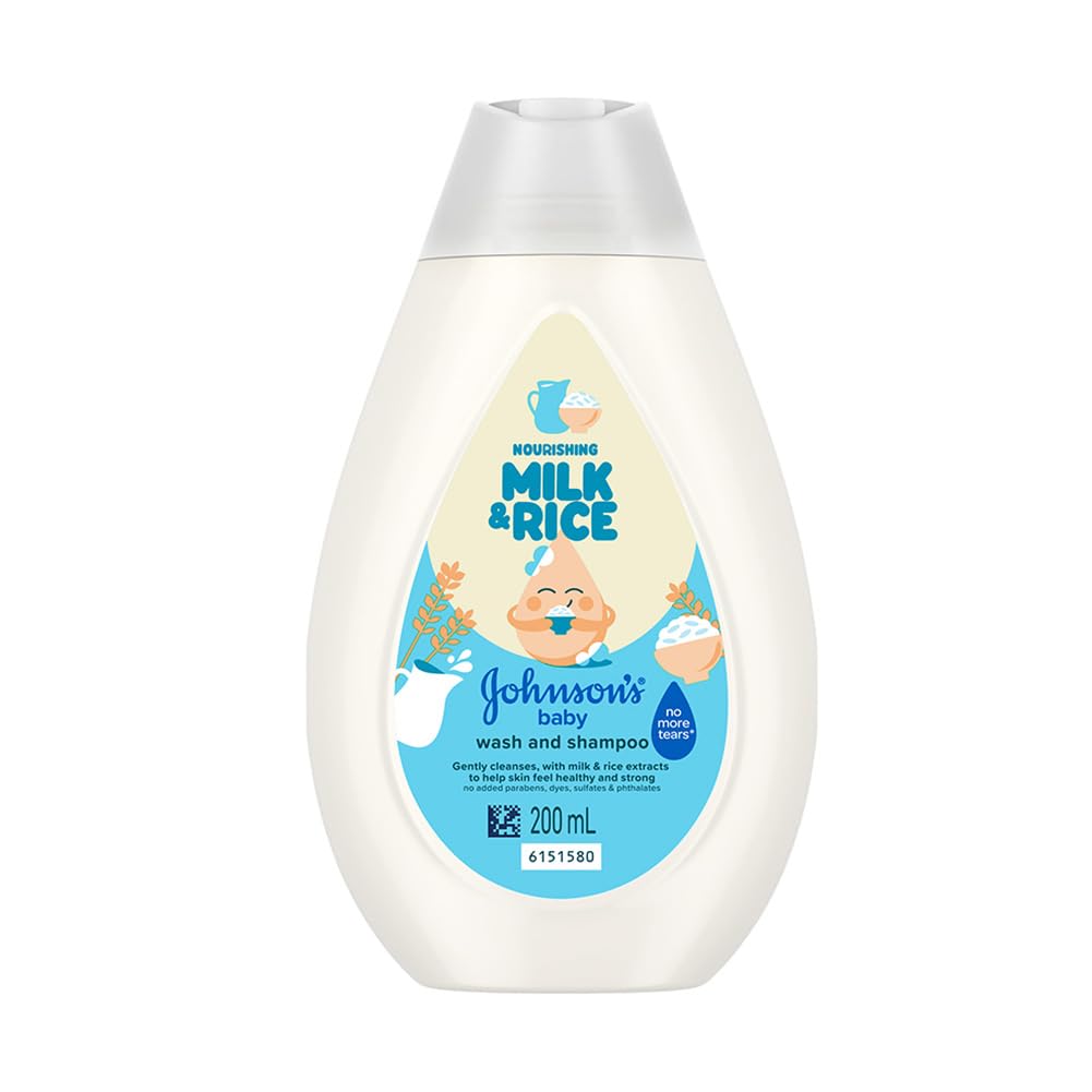 Johnson's Baby Milk & Rice Wash & Shampoo 200ml | 2-in-1 Baby Cleanser | No More Tears | With Milk Protein, Rice Extracts & Multivitamins | Hypoallergenic, pH Balanced | No Parabens, Sulphates or Dyes