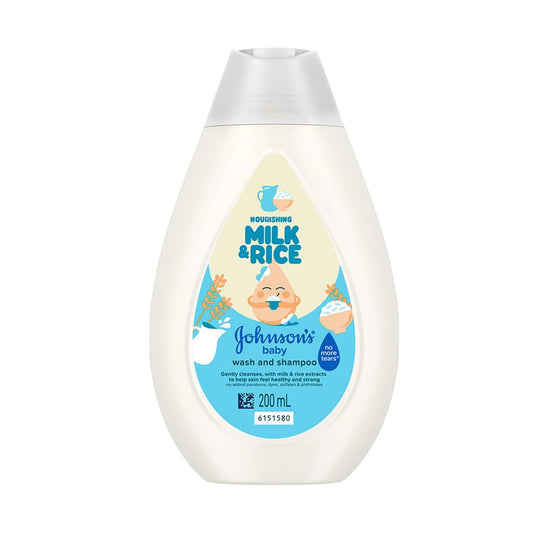 Johnson's Baby Milk & Rice Wash & Shampoo 200ml | 2-in-1 Baby Cleanser | No More Tears | With Milk Protein, Rice Extracts & Multivitamins | Hypoallergenic, pH Balanced | No Parabens, Sulphates or Dyes