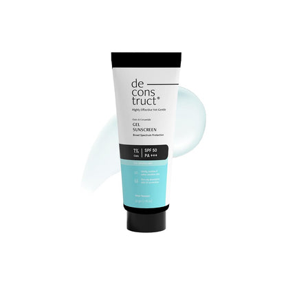 Tube of de construct sunscreen gel on a white background