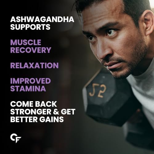Man lifting weights with text about Ashwagandha benefits on a dark background